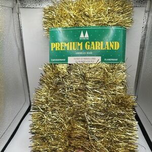 VTG New NOS Premium‎ Gold Christmas Tree Garland Tinsel 15 Ft Flameproof
